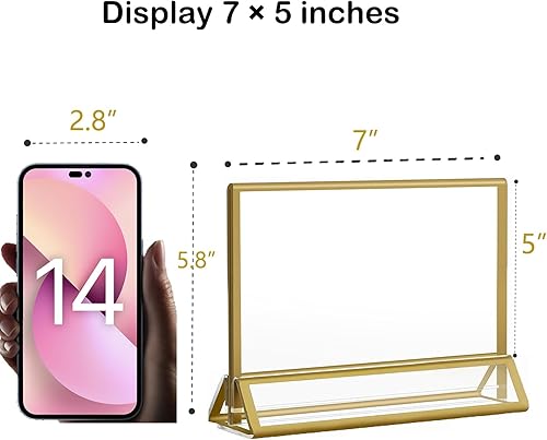 Miniatura 2 de Soportes acrílicos para letreros dorados, paquete de 8 marcos de números de mesa de boda de 7 x 5 pulgadas, soportes de menú de mesa de doble cara