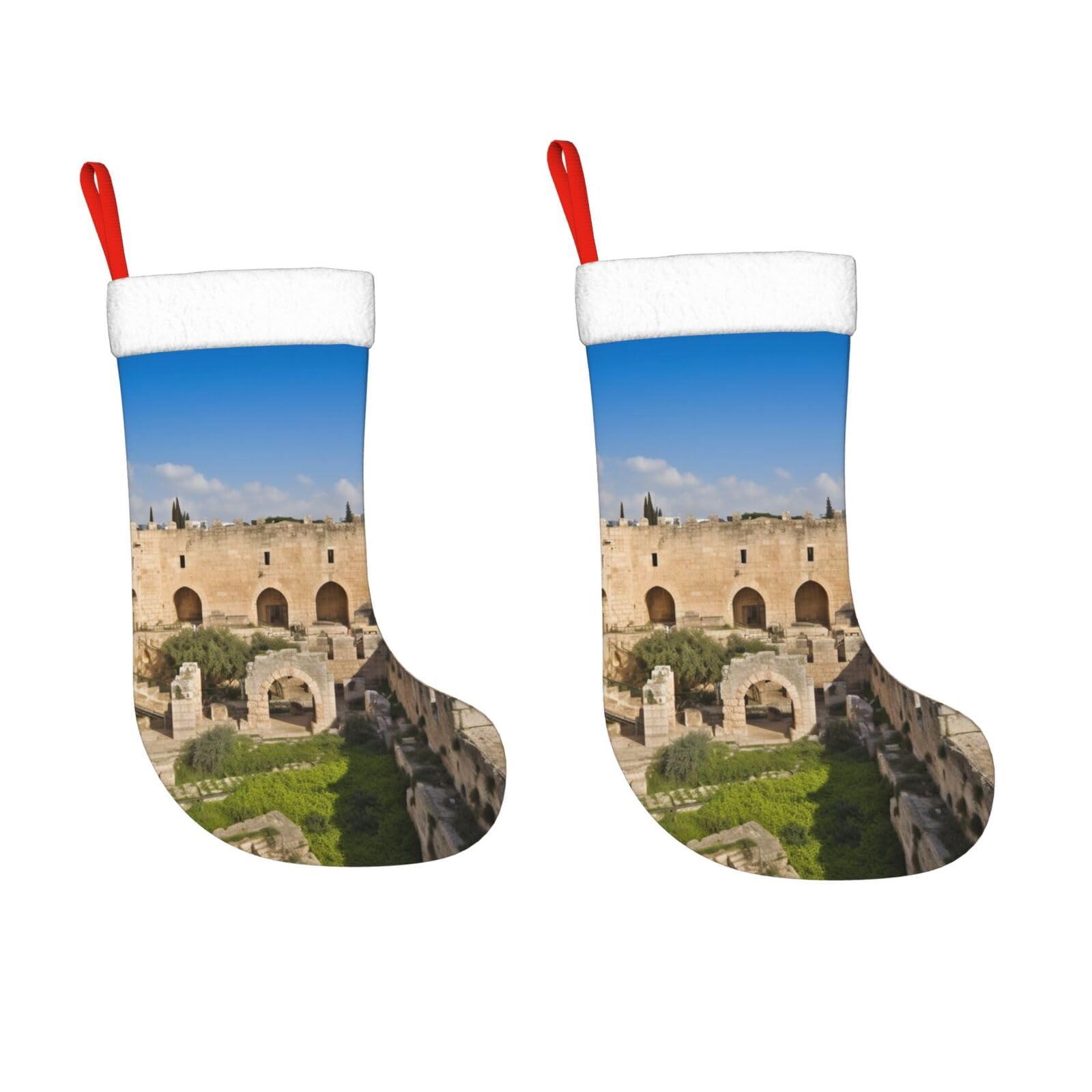 KLOPH 2 Pack 18 Inches Christmas Stockings Personalized Israel at The Tower of David Xmas Stocking Hanging Decoration Fireplace Stocking for Holiday Xmas Tree Christmas Fireplace Decor Gifts