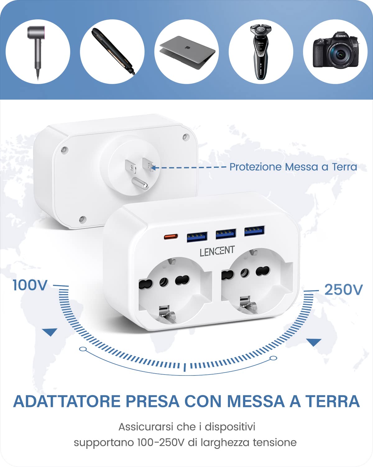 LENCENT Adattatore Presa USA da Viaggio, Multipresa con 2 Prese e 3 USB e 1 USB-C, Presa Schuko da Muro, 2500W Adattatore Spina di Tipo B per Viaggio, Spina Stati Uniti per Canada, Messico, Cuba, ecc.