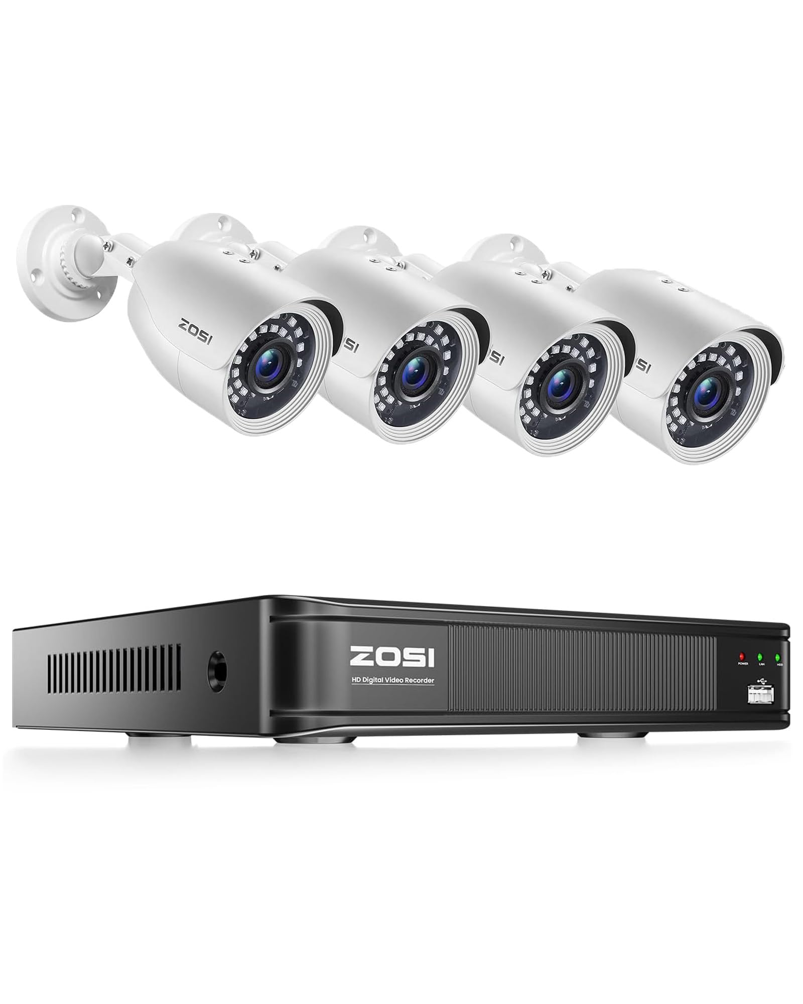 ZOSI H.265+ Full 1080p Home Security Camera System Outdoor Indoor, 8 Channel 5MP-Lite CCTV DVR with AI Human Vehicle Detect, 4 x 1080p Weatherproof Surveillance Bullet Camera, IR Night Vision, No HDD
