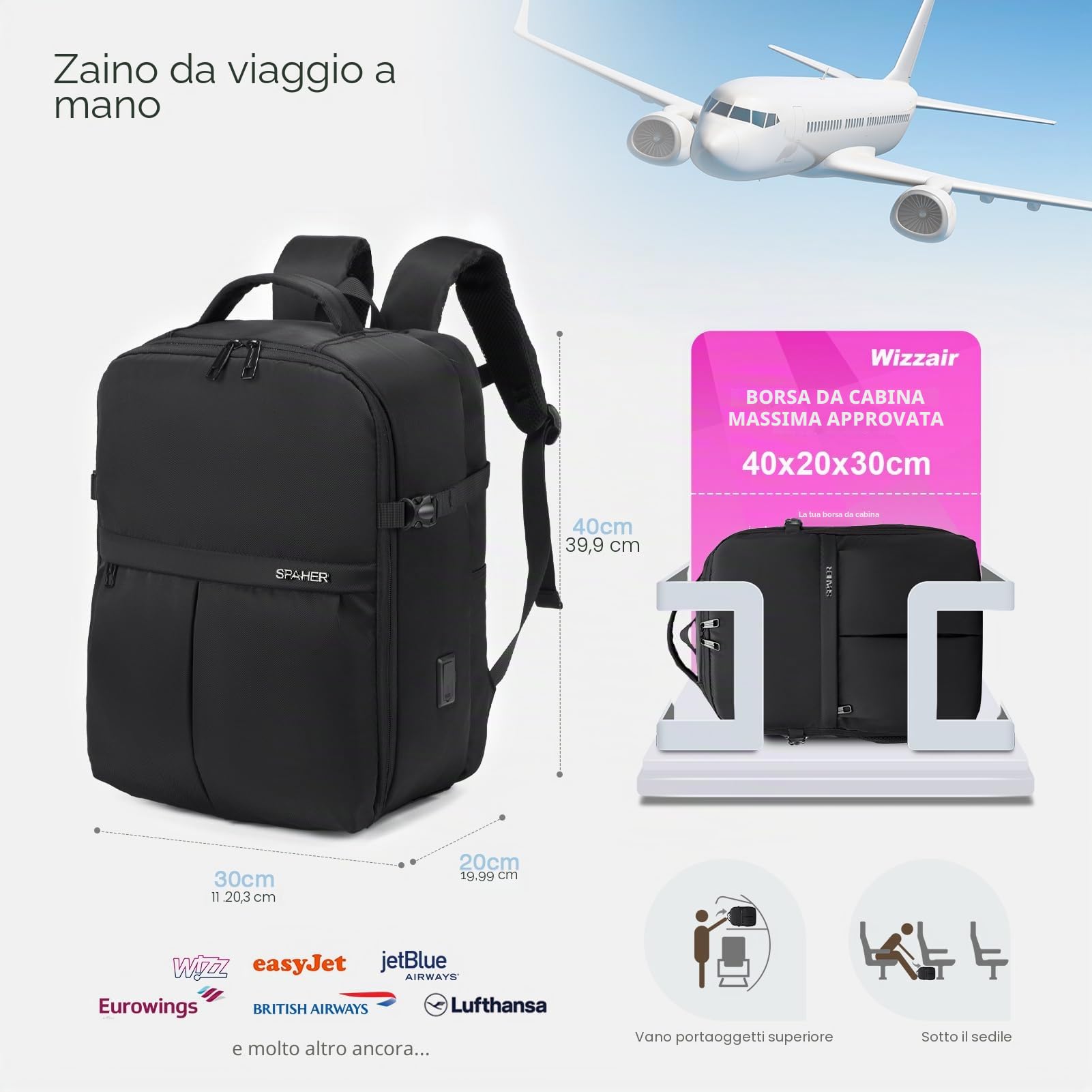 SPAHER 25L Bagaglio a Mano 40x30x20 Wizzair Vueling Zaino da Viaggio Aere Zaino Porta PC 15.6 Pollici include Porta di Ricarica USB et 2 Sacchetti a Vuoto Zainetto Lavoro Scuola Impermeabile