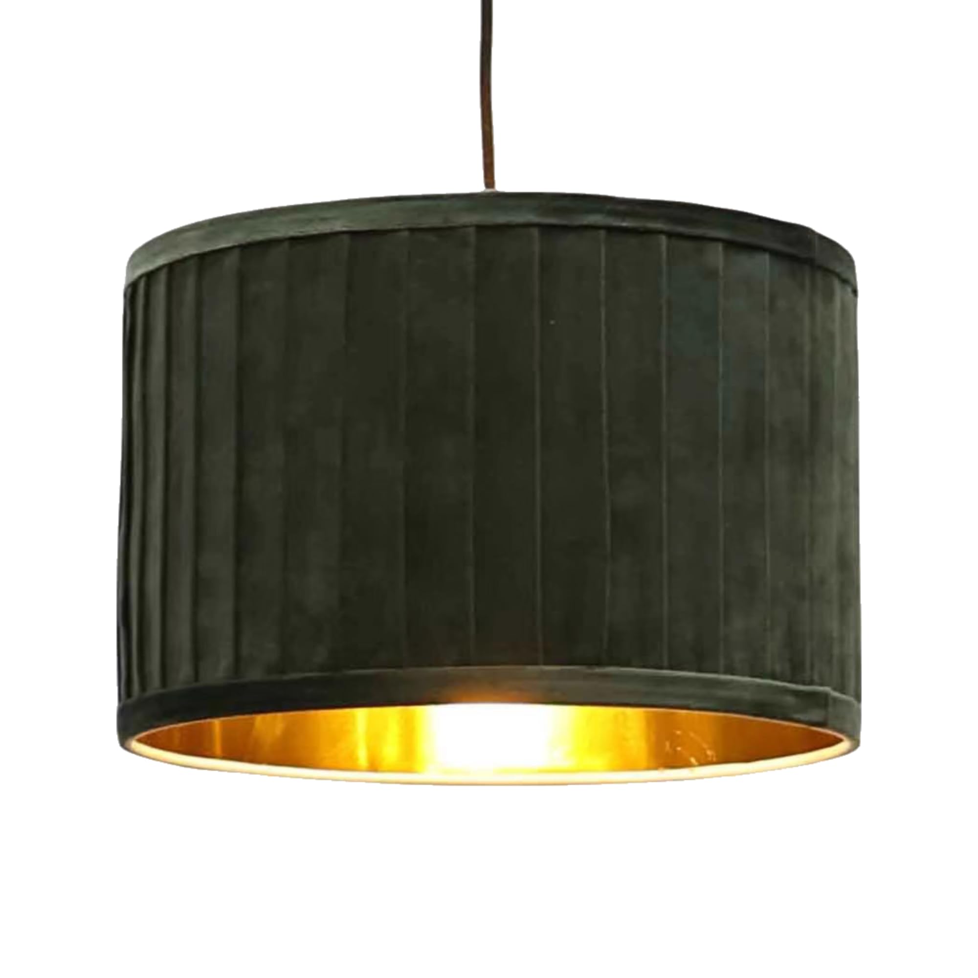 Modern Ceiling Pendant Shade, Dark Green Pleated Velvet with Gold Inner, Easy Fit 30cm Lampshade