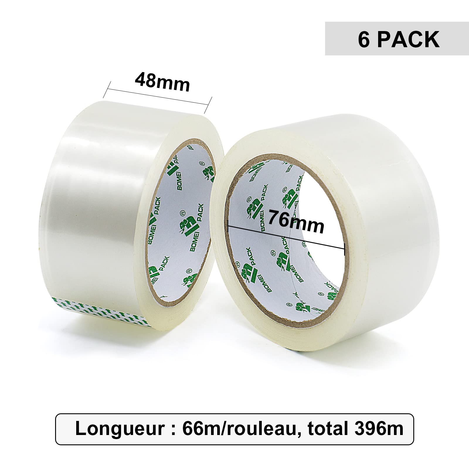 BOMEI PACK 6 rouleaux ruban adhésif transparent 48 mm x 66 m avec dévidoir