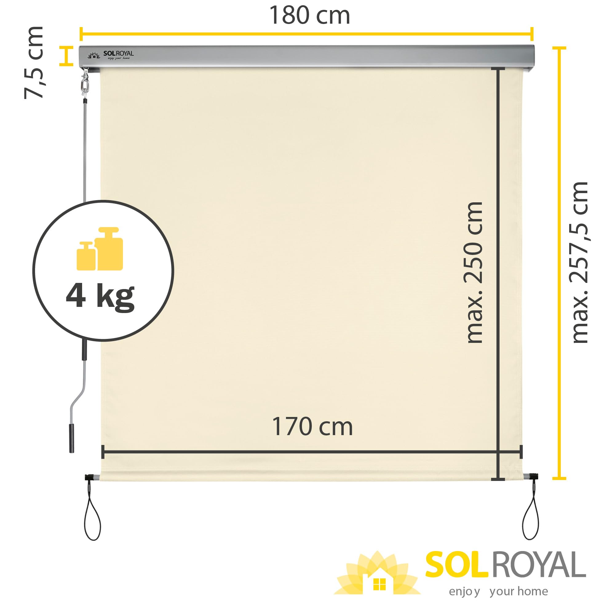 Sol Royal Store Vertical Brise-Vue de Balcon Robuste manivelle Amovible | 180x250cm beige protection solaire terrasse jardin résistant aux intempéries Hydrofuge MS5