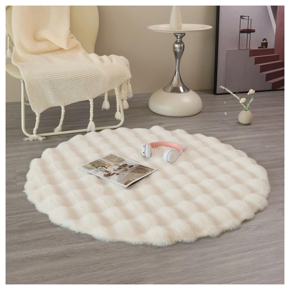 Tapis rond en fourrure synthétique moelleuse lavable 110 cm pour décoration moderne