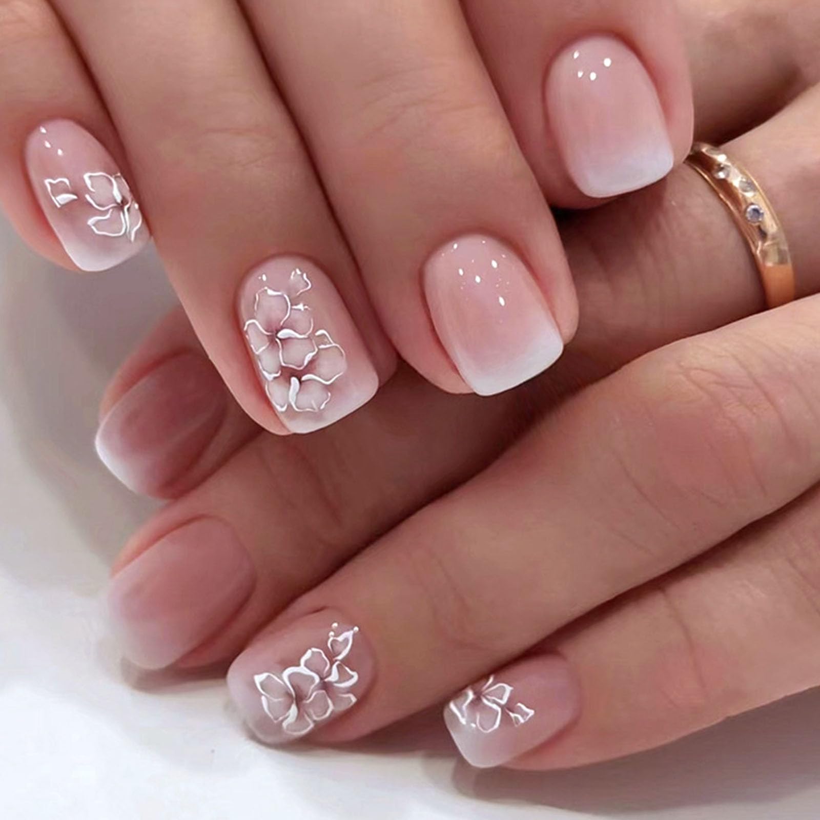 Press on Nails Short Square Fake Nails Acrylic Nails with Flowers Designs White Gradient Glue on Nails Pink Full Cover Glossy Artificial Nails Stick on Nails for Women Girls 24Pcs