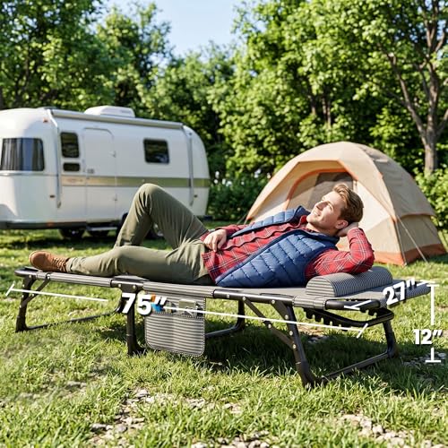 Image of ABORON 3-in-1 Folding Patio Lounge Chair, 440LB Heavy-Duty Tri-Fold Guest Bed with Plush Cotton Cushion, No Assembly Adjustable Recliner for Office Nap, Patio Sunbathing, Poolside & Camping