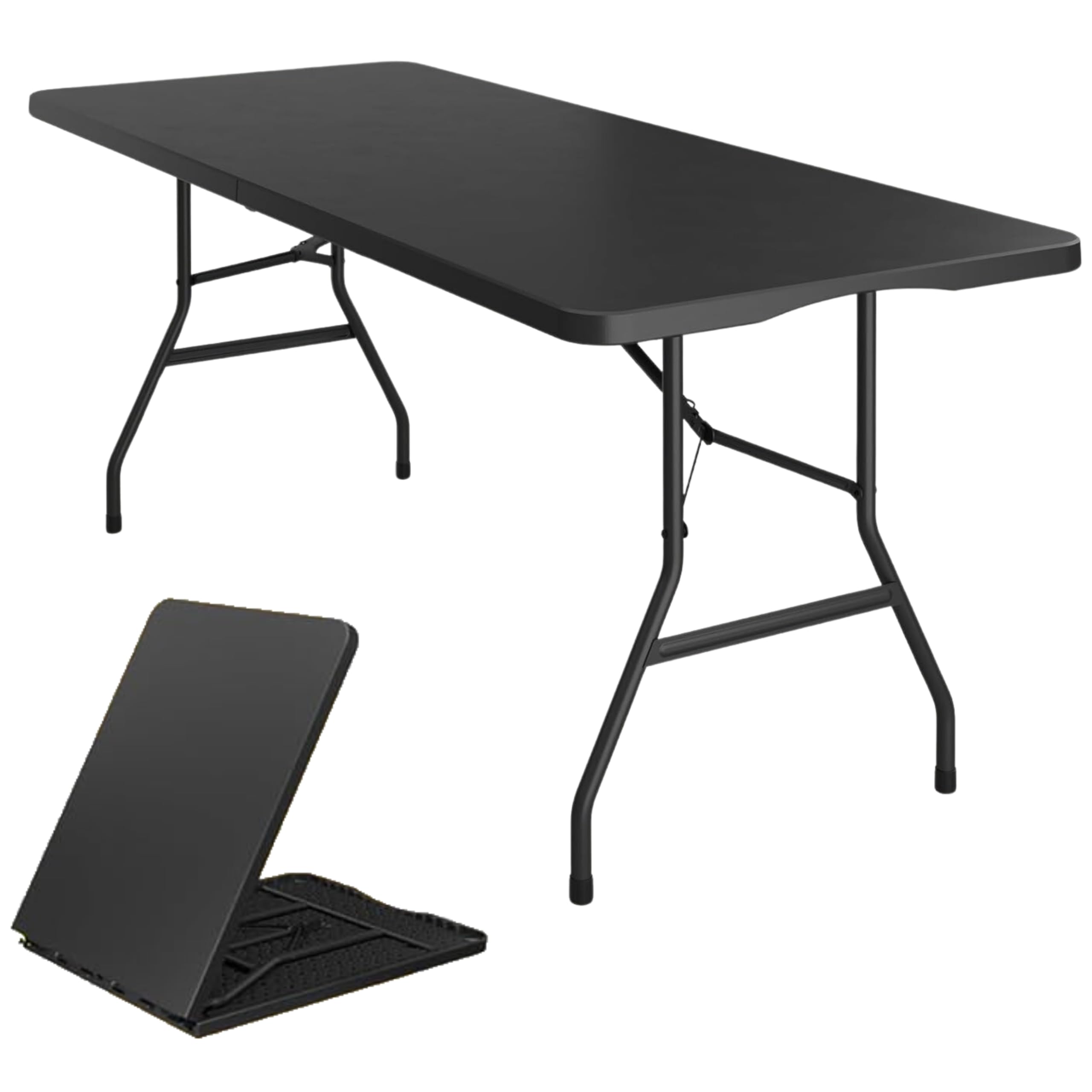 BTEXPERT Fold-in-Half Folding Utility Table 6 Feet 72" x 29.5" Lightweight Portable Carrying Handle, Indoor Outdoor Picnic Camping Office Home Party Wedding Event Easy to Clean Store &amp; Care Black
