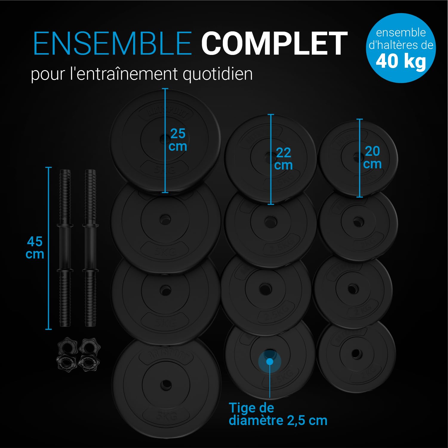 ArtSport ensemble d'haltères 20/30 / 40 kg - ensemble d'haltères courts avec 2 haltères courts, poids et 4 fermetures en étoile