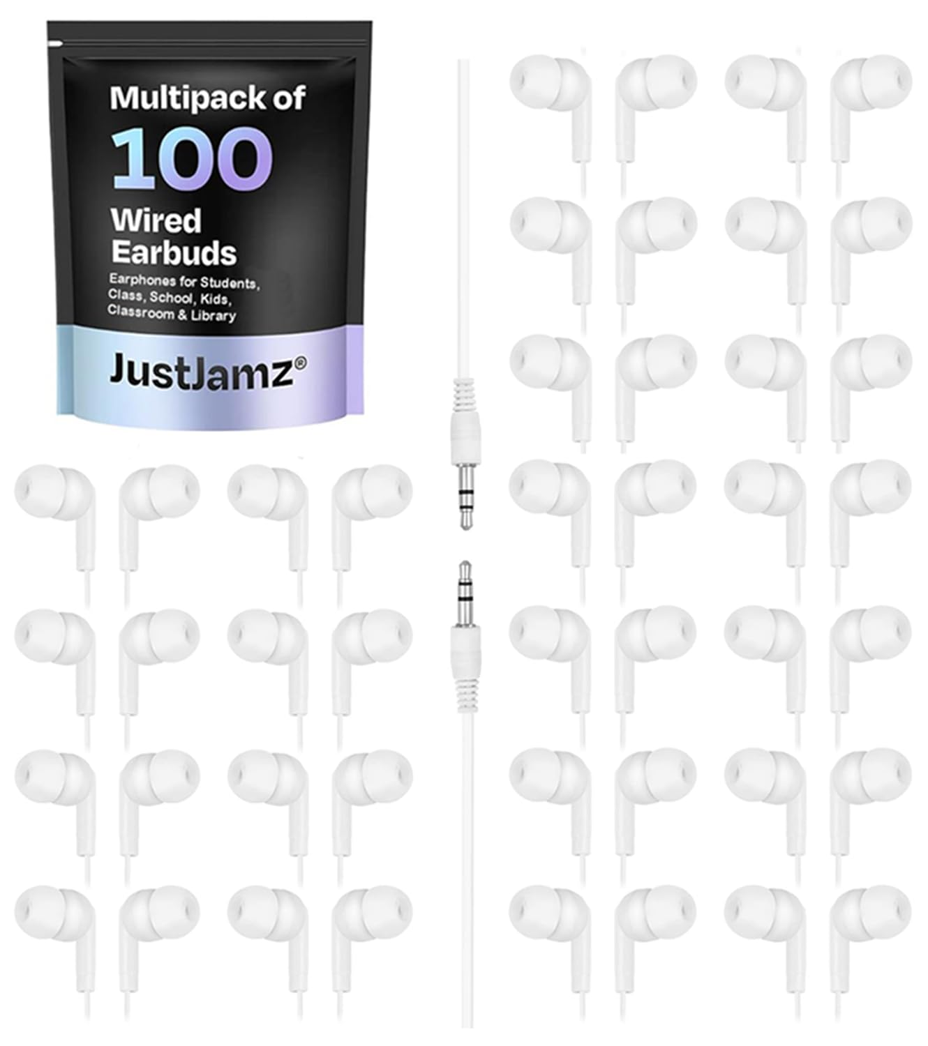 JustJamz | Confezione da 100 auricolari basici, auricolari in-ear bianco perla, cuffie usa e getta, set di auricolari per studenti