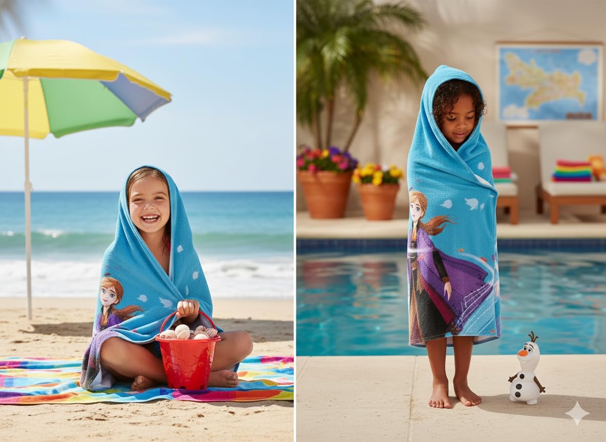 Disney Frozen Kapuzenhandtuch für Kinder – 100 % Baumwolle, weich und saugfähig, Strand-, Pool- oder Badewickel (58,4 x 129,5 cm)