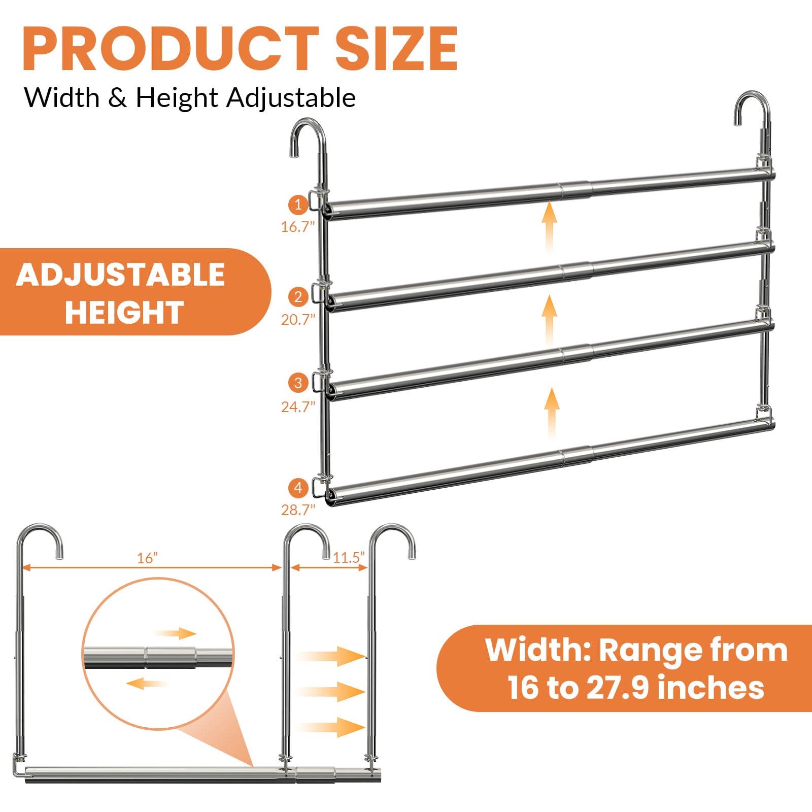 Hanging Closet Rod, Adjustable Height & Width Closet Rods for Hang ing Clothes-Closet Extender Rod Space-Maximizing Design Suitable for Hanging and Drying Clothes, Silver — view 3