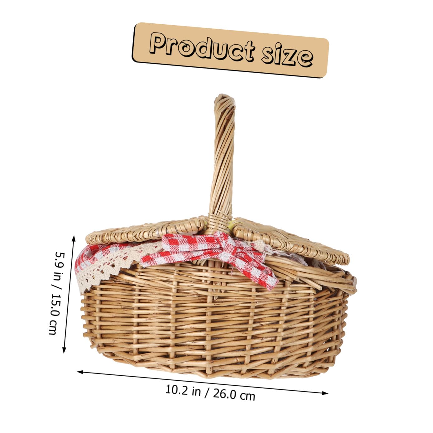 Cesta de Tejido de Mimbre para Picnic al Aire Libre Tapa, Tamaño 26x18x15 Cm, Color Natural Forro Rojo a Cuadros, Cesta Multiusos para Frutas y Alimentos