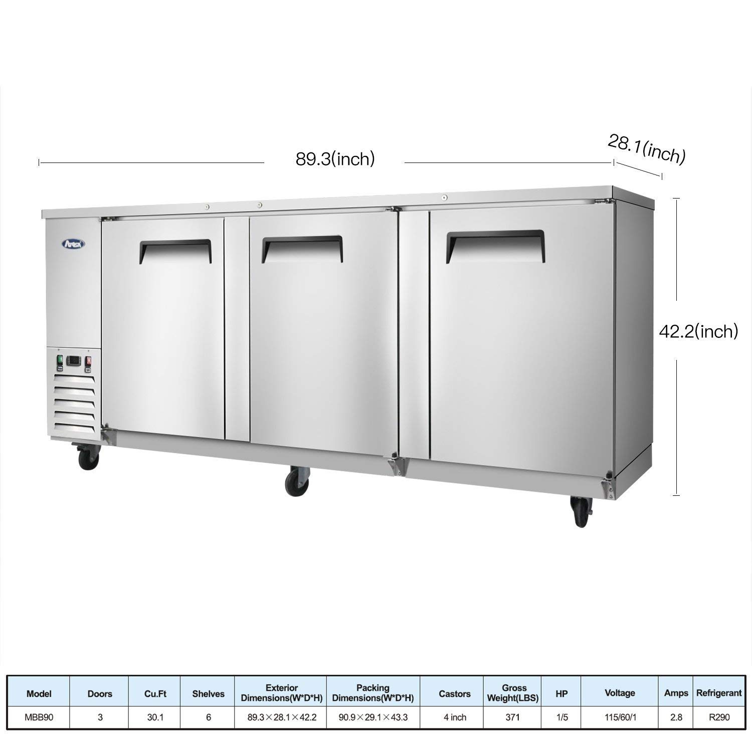 Atosa Commercial Bar Back Refrigerators, Counter Height 3 Doors Beer Beverage Cooler with LED Lighting MBB90