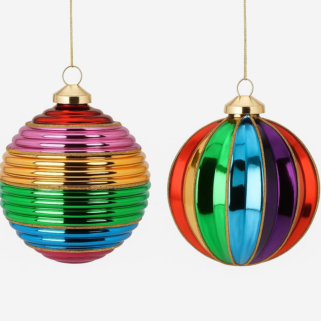 Set of 2 Rainbow Glass Christmas Baubles 12cm - Handcrafted Multicolour Tree Decorations with Gold Glitter Accents - Premium Hanging Ornaments for Festive Holiday Decor