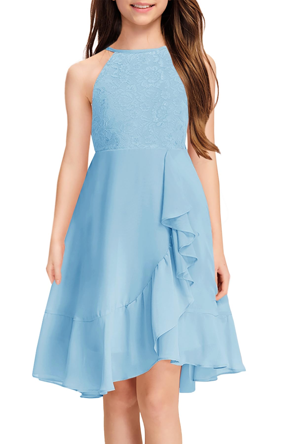 Girls Lace Flower Ruffle Dress Chiffon Halter A Line High Low Flowy Junior Bridesmaid Dresses for Wedding Party