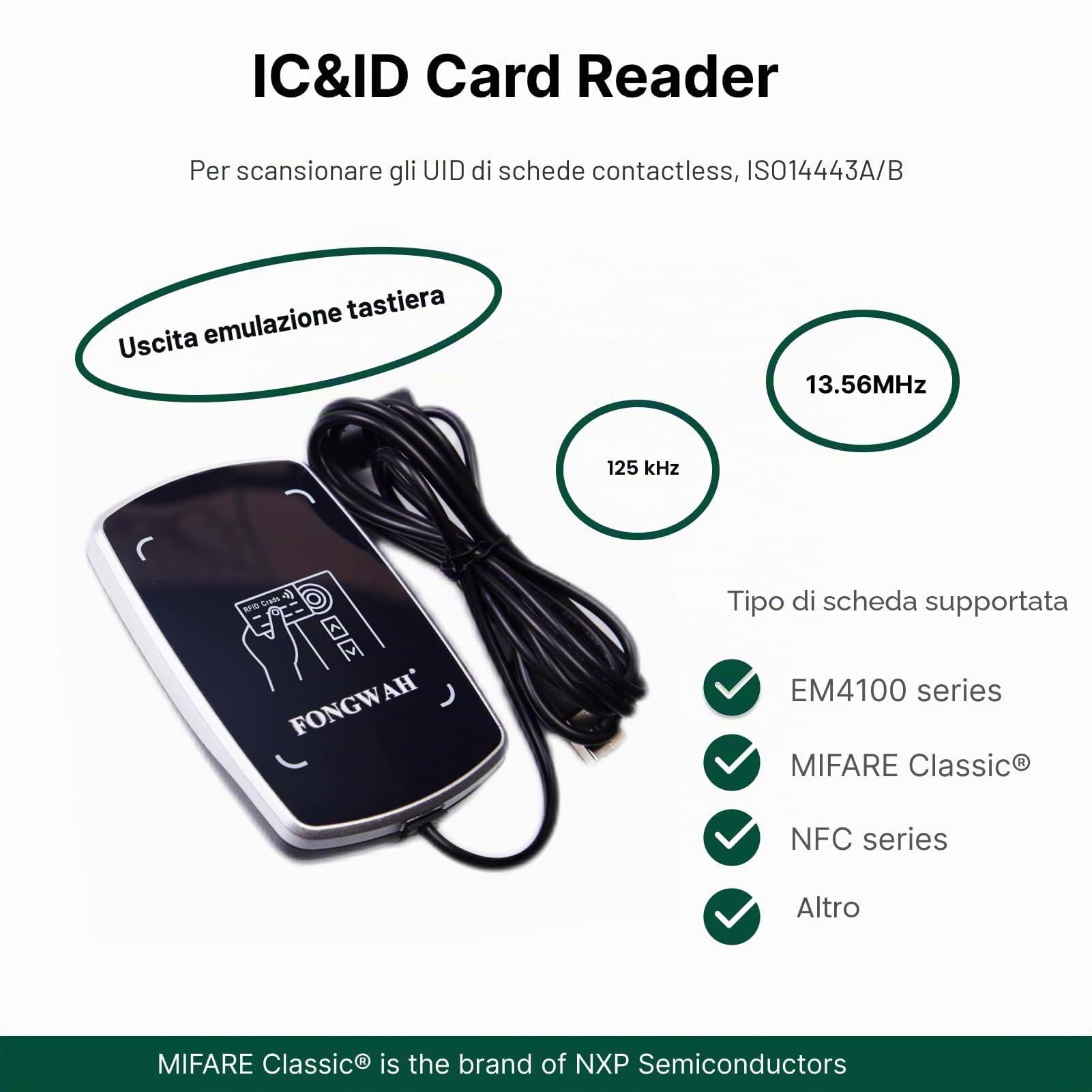 Fongwah RFID IC & ID Card Reader con emulatore di tastiera di sola lettura per NFC Tag Card/Chip S50 125KHz e 13.56MHZ Contactless