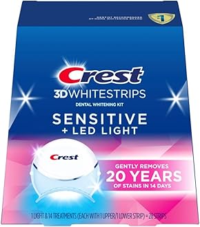 3D Whitestrips Sensitive & Gentle + LED Light – Teeth Whitening Kit, 1 Light + 14 Treatments, Each with 1 Upper/1Lower, 28 Strips – Crest 3DWhite Teeth Whitening Strips