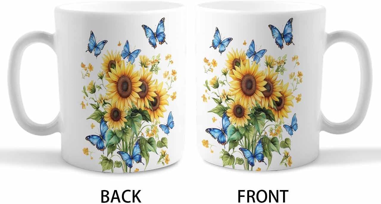BEMIGO Ceramic Coffee Mug Spring Sunflower Butterfly Ceramic Mug White Cup, Pastoral Plant Insulated Coffee Cup with Handle with Pattern Perfect for Tea and Hot Beverages, 12oz