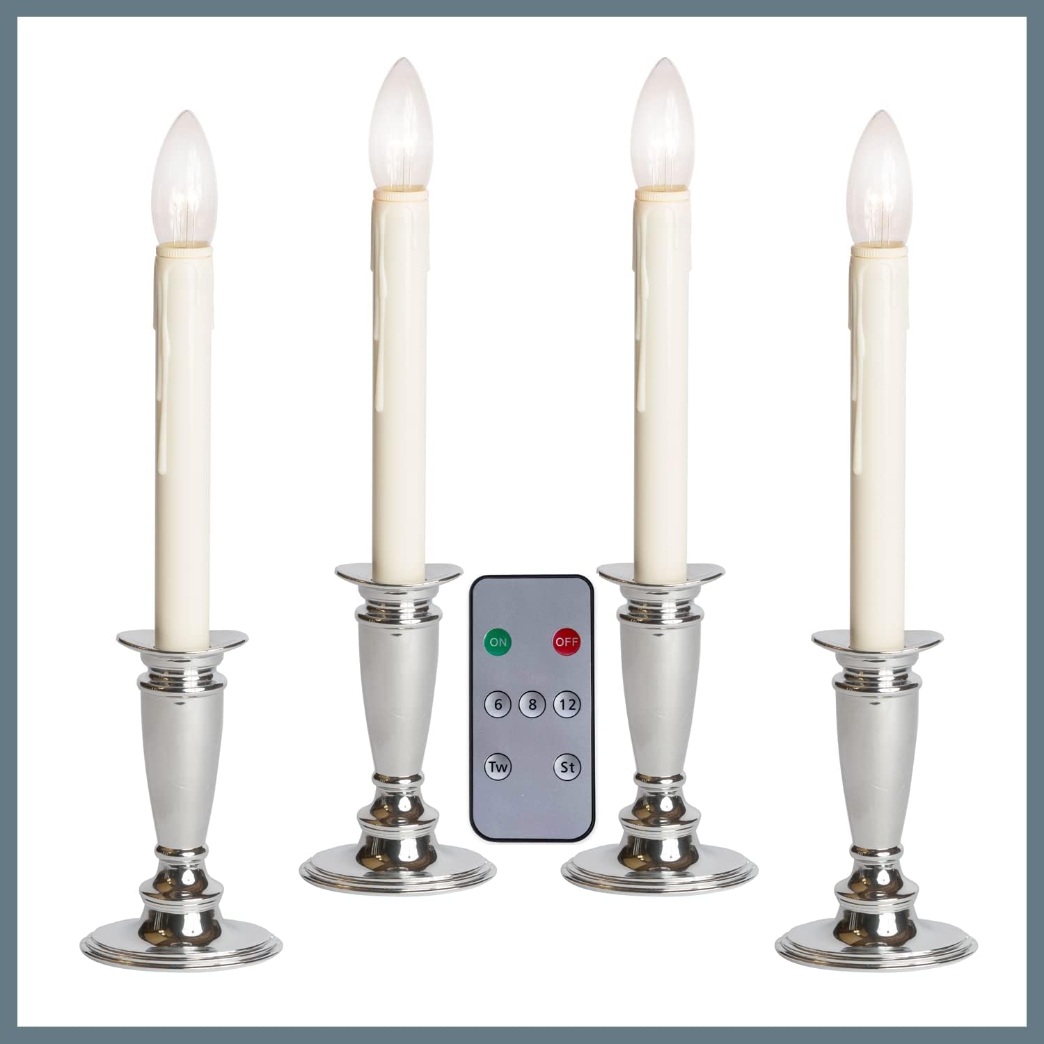 Set of 4 Battery Operated Window Candles with Remote Control - (Brushed Silver)