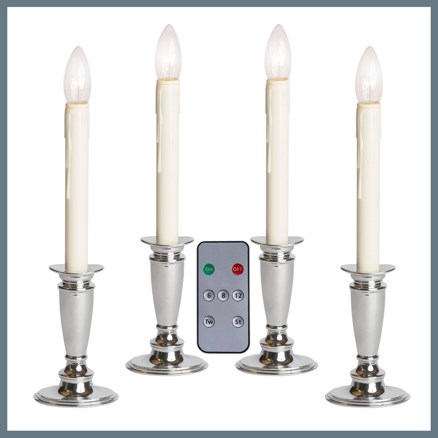 Celestial LightsSet of 4 Battery Operated Window Candles (Brushed Silver) with Remote Control