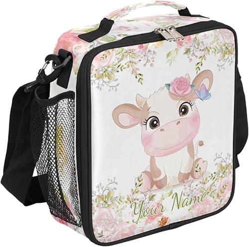 AUUXVA Bonita bolsa de almuerzo cuadrada personalizada con flores de vaca para niños y niñas, lonchera personalizada, duradera, aislada, espaciosa y