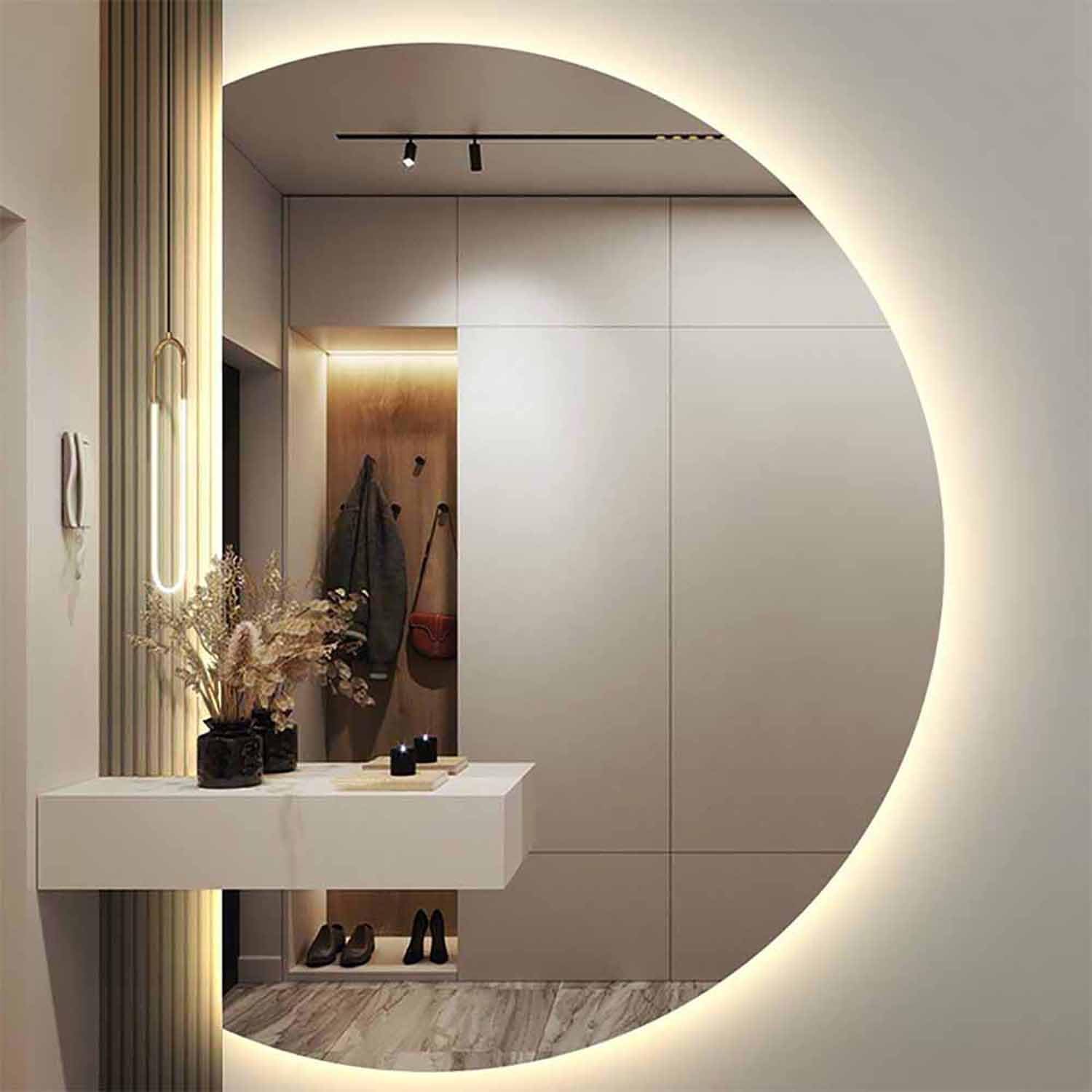 SXFSDOU LED Bathroom Mirror with Lighting 130cm Round Dimmable Anti-Fog Makeup 3 Color Temperature eless Decorative for Hallway Entryway and Bathroom.