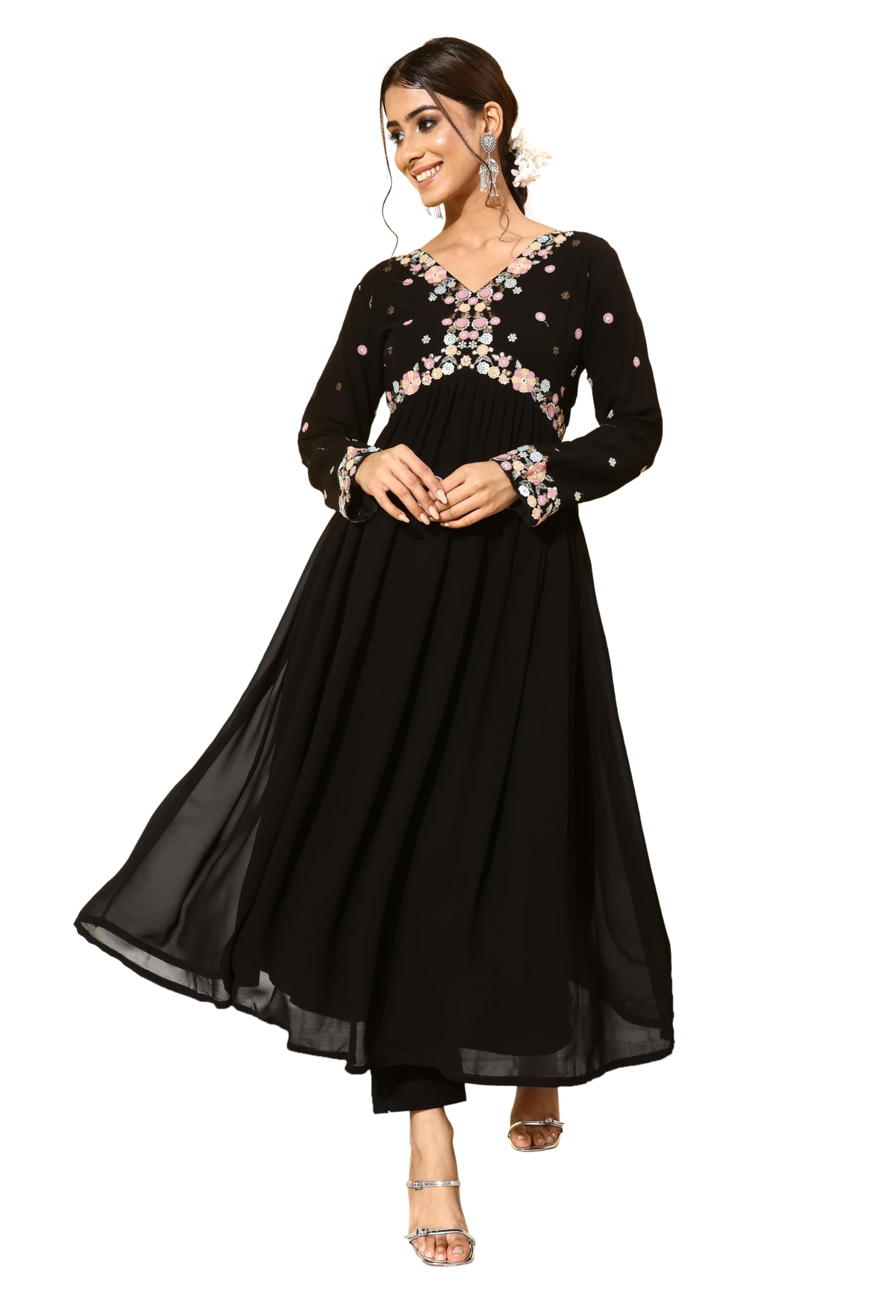 LYMI LABELKurta Set For Women - Black Zari Sequence Embroidered A lIne Anarkali Alia Cut Kurta Pant Set