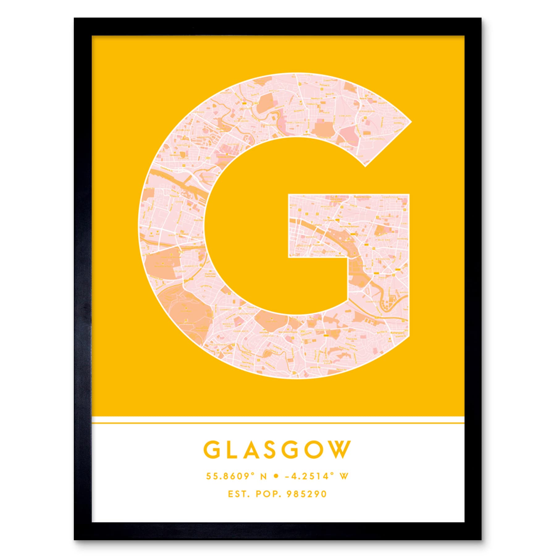 Wee Blue Coo Glasgow Scotland City Map Typography Art Print - Yellow - W12 inch x H16 inch