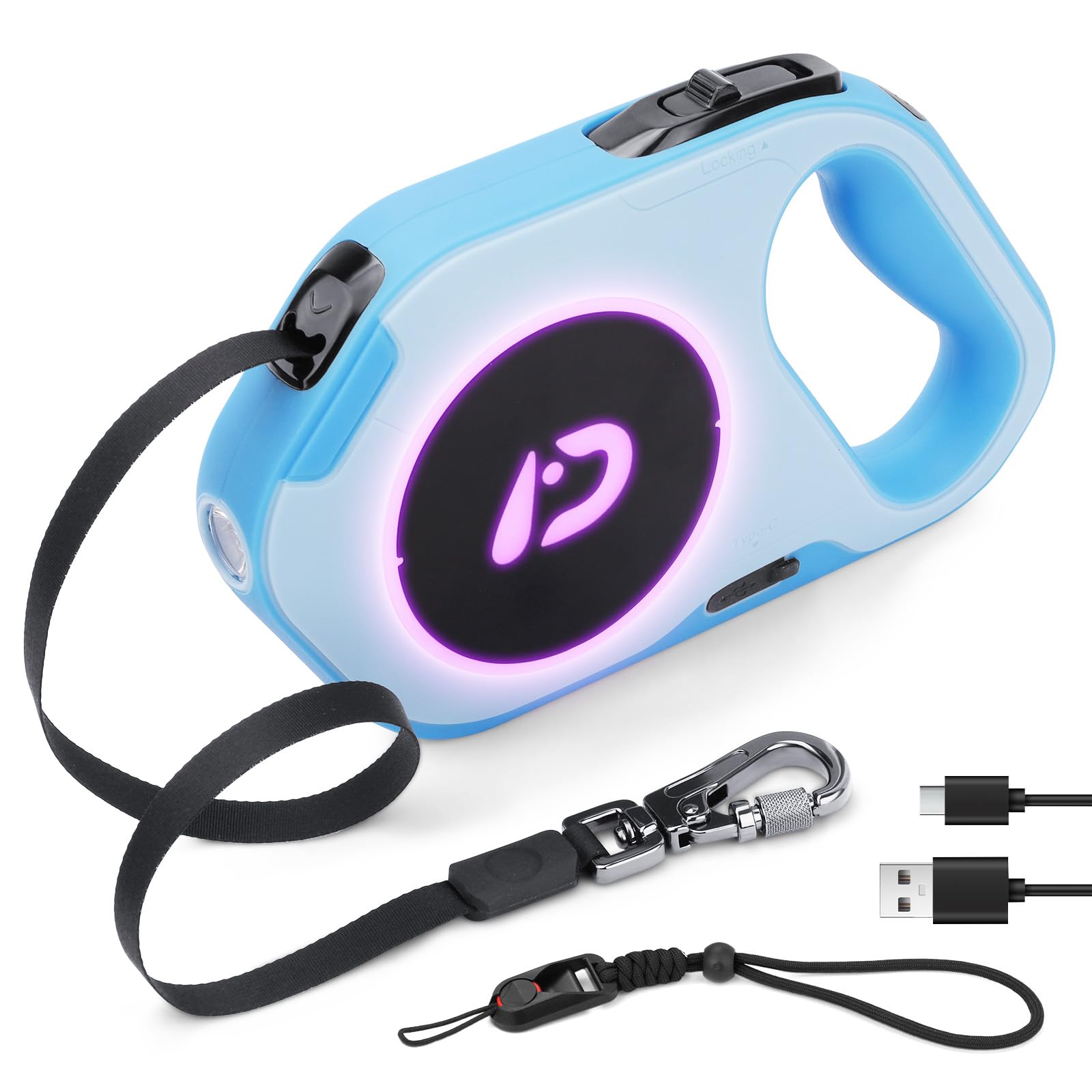 DAISTERN Guinzaglio Retrattile Per Cani 5m Con LED Ricaricabile – Freno A Un Pulsante, Anti-Groviglio, Per Cani Fino A 40 Kg, Per Passeggiate Notturne