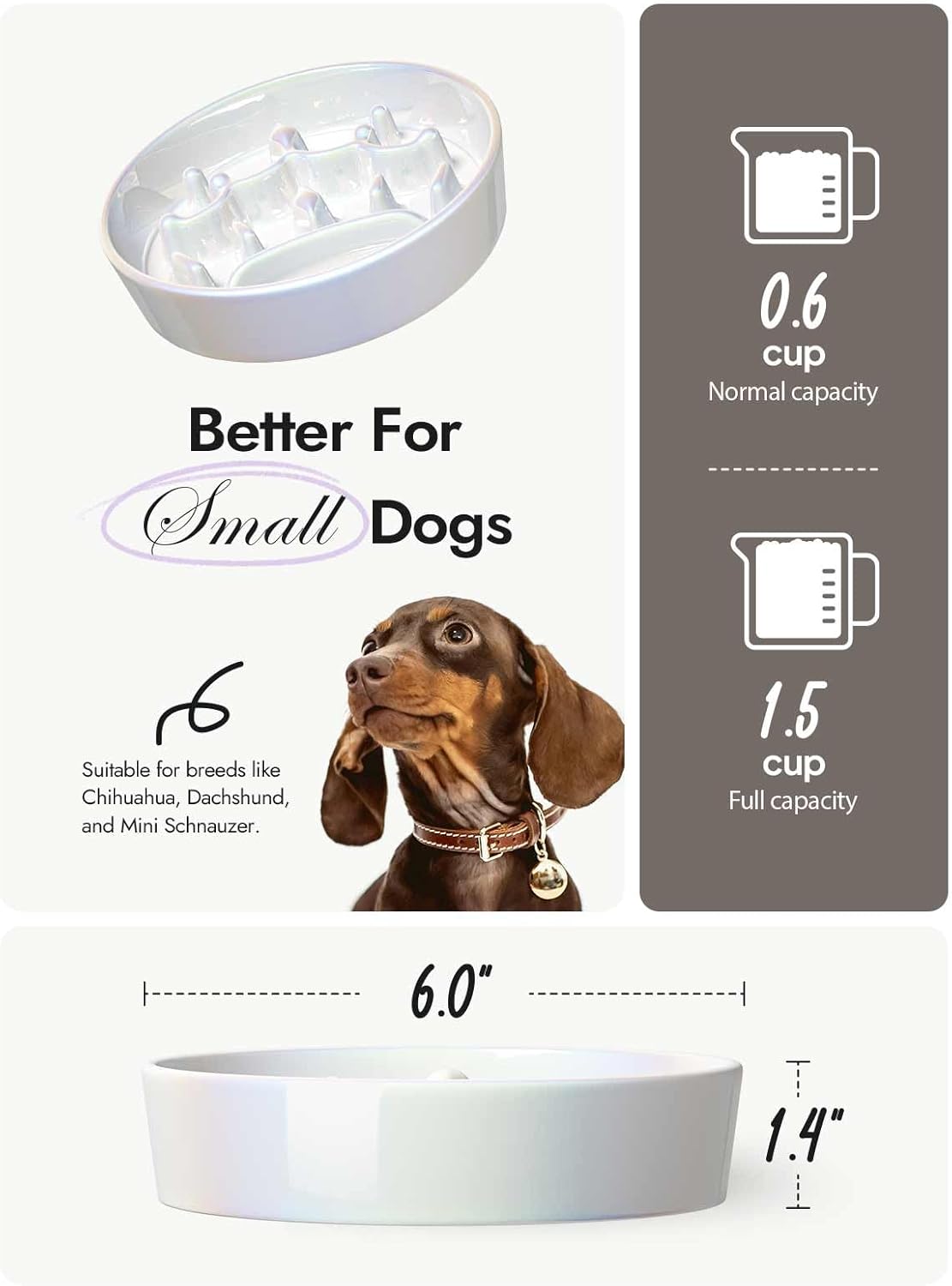 LE TAUCI Ceramic Slow Feeder Dog Bowls Small Breed, 0.6 Cups Dog Food Dish for Fast Eaters, Puzzle Bowl for Small Dogs and Cats,Crown Silver