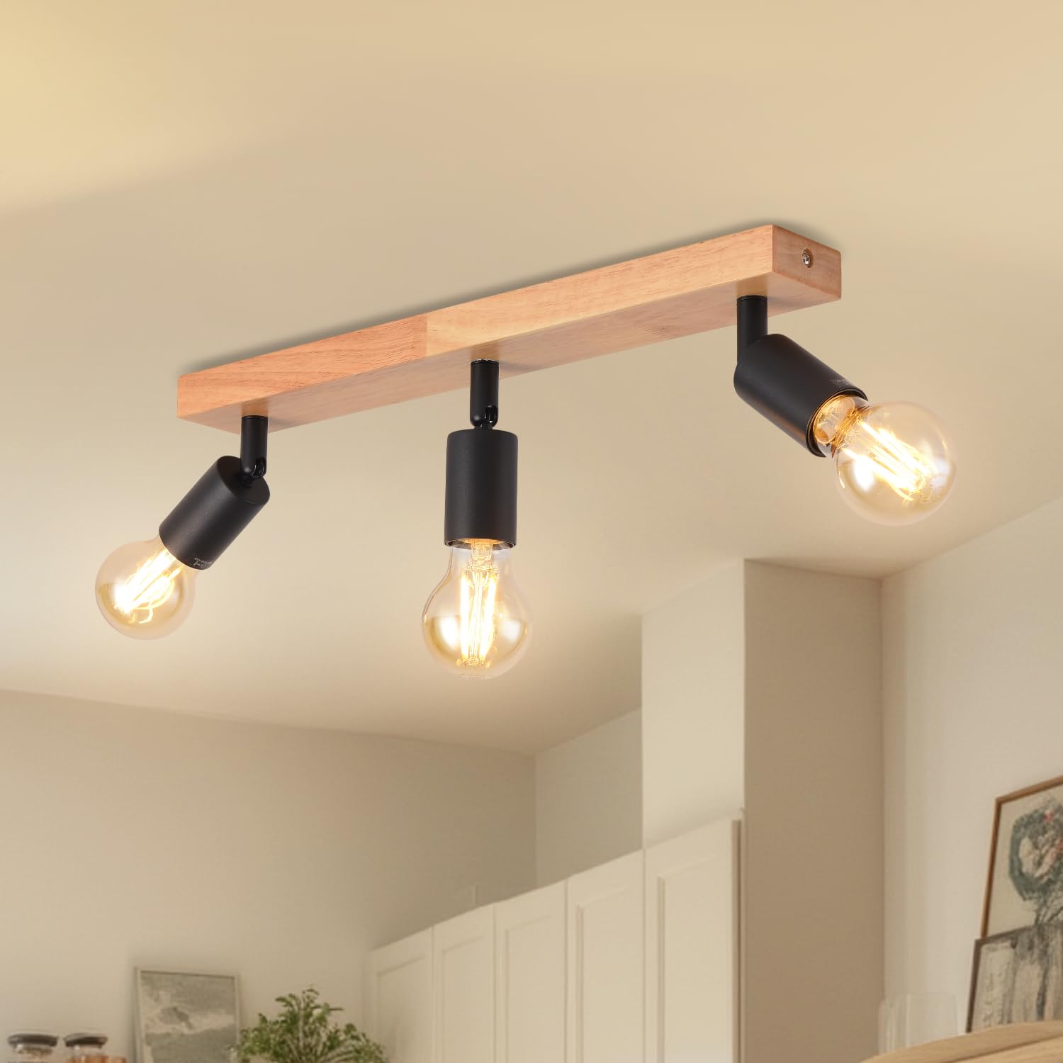 LVWIT Deckenstrahler 3 Flammig Schwarz Deckenleuchte E27 3er Strahler Holz Deckenlampe E27 Deckenspots 350° Schwenkbar für Wohnzimmer Schlafzimmer Küche (Ohne Leuchtmittel)