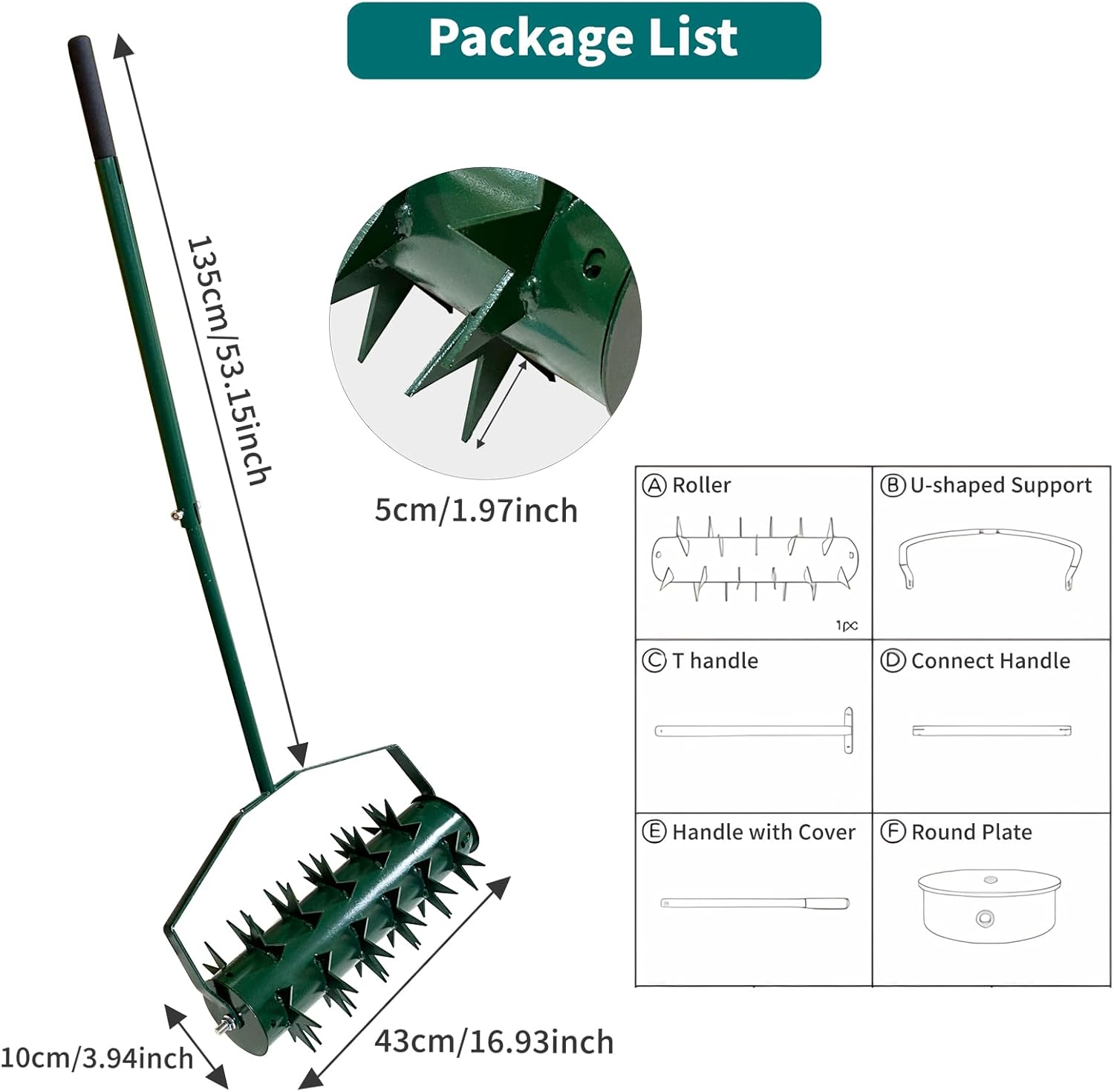 Rolling Lawn Aerator, Manual Grass Spike Roller with 135cm Detachable Handle, Handheld Rotary Roller, Heavy Duty Steel Lawn Aerator Tool for Outdoor &, Sharp Steel Spikes