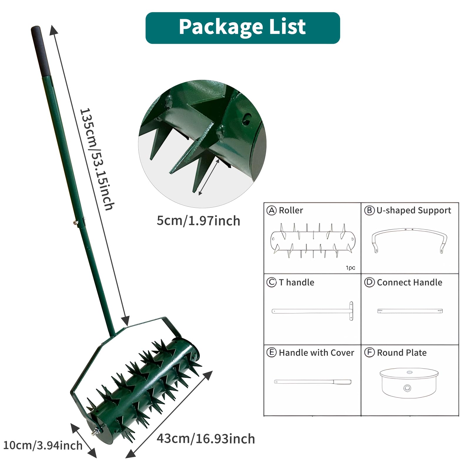 Arieggiatore manuale per prato, rullo scarificatore con chiodi da 5 cm