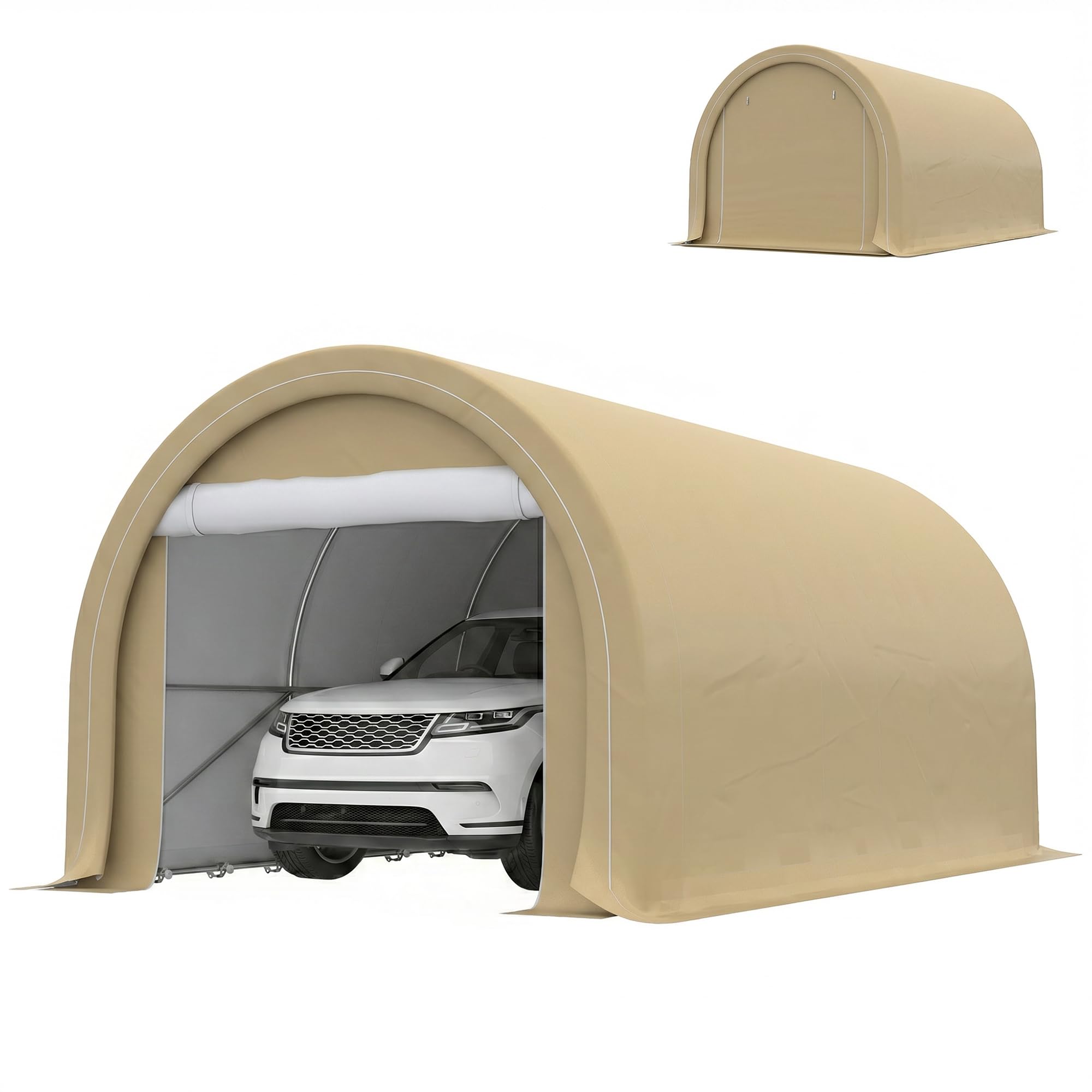 Outsunny Carport Tente de Garage 5 x 3 x 2,​4 m, abri Voiture extérieur, Tente de Stockage avec Porte Enroulable zippée, Acier galvanisé, PE Haute densité 190 g/​m², Beige