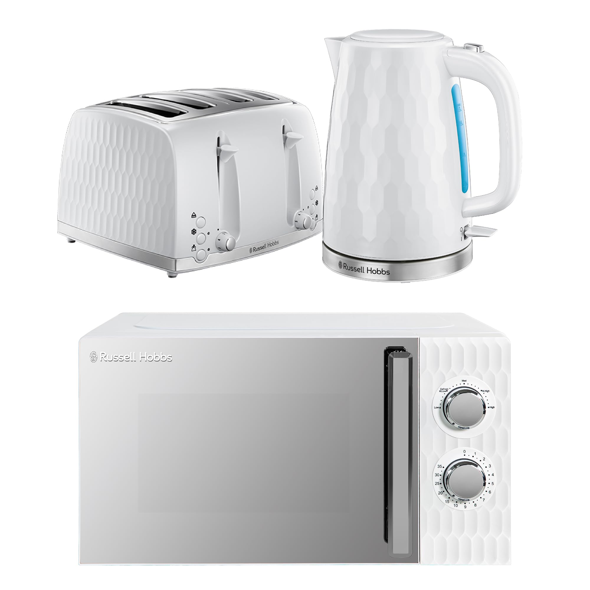Russell Hobbs Honeycomb White Kitchen Set, 1.7L 2400W Kettle, 4 Slice Toaster with Dual Browning Levels & 17L 700W Microwave with 5 Power Levels, Defrost & Reheat Functions HCBNDL4W — image 1