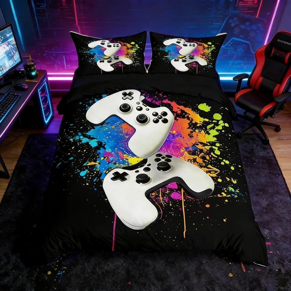 Set di biancheria da letto per ragazzi con inserto per videogiochi per ragazzi e ragazzi con motivo abbagliante, set di biancheria da letto per videogiochi, Bedding Piumino per console per giocatori