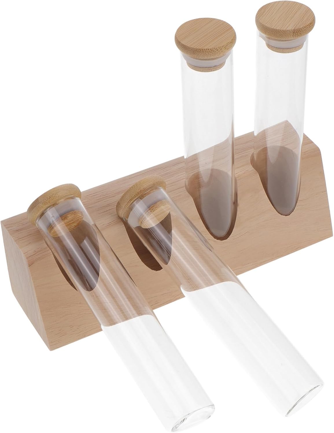 Angoily Glass Storage Jars Set of 4 with Airtight Sealed Coffee Bean Canisters and Small Glass Tube Containers with Wood Display Stand for Home Coffee Bean and Tea Storage