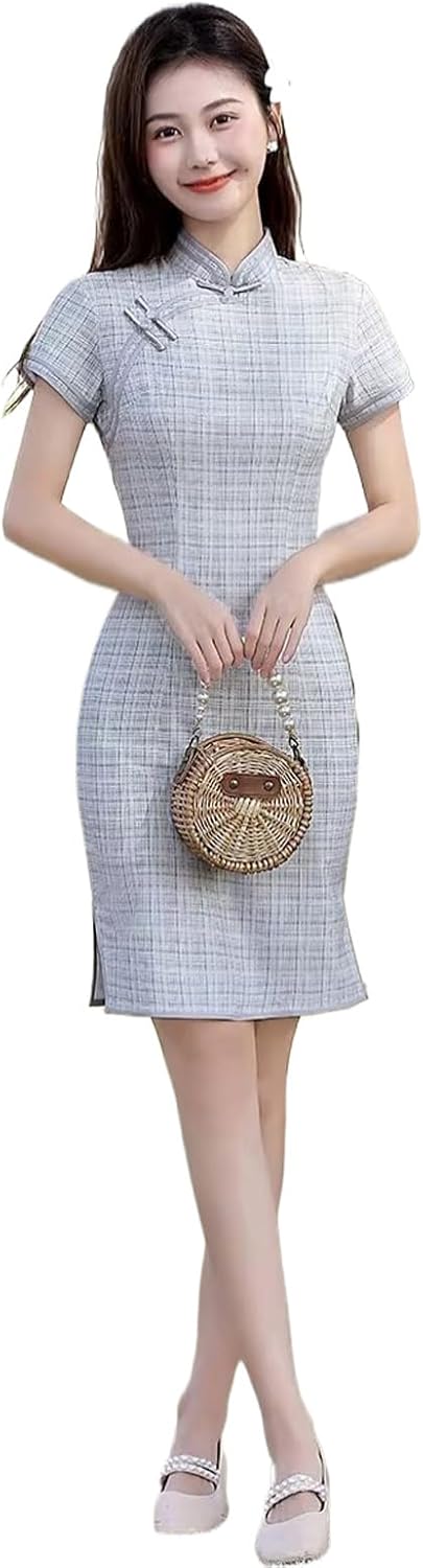 Chinese Style Plaid Cheongsam for Women Summer Slimming Daily Qipao Dress