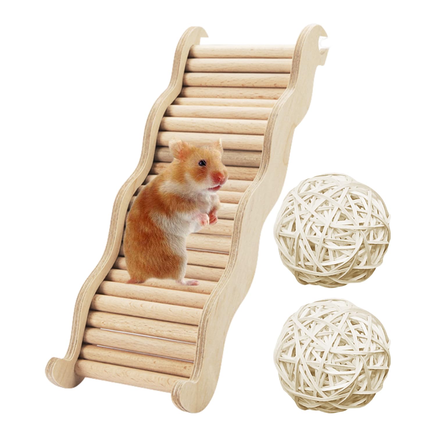 NXPWRC Wooden Hamster Ladder and Climbing Toy With 2 White Sepak Takraw Balls - Pet Habitat Wave