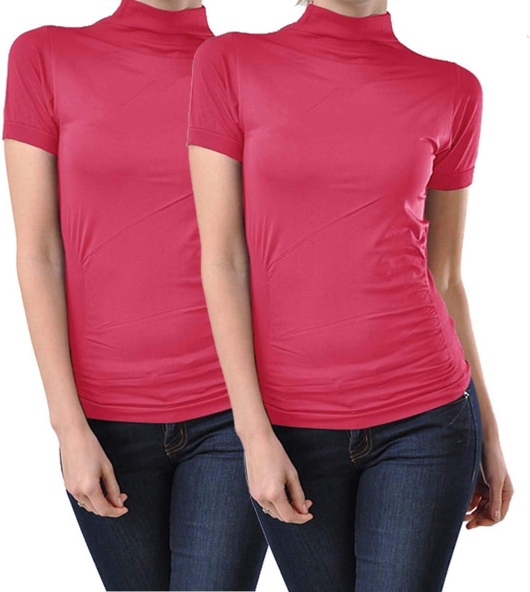 Kuda Moda 2 Pack Women Seamless Short Sleeve Mock Neck Turtleneck Blouse Top Tee Shirts