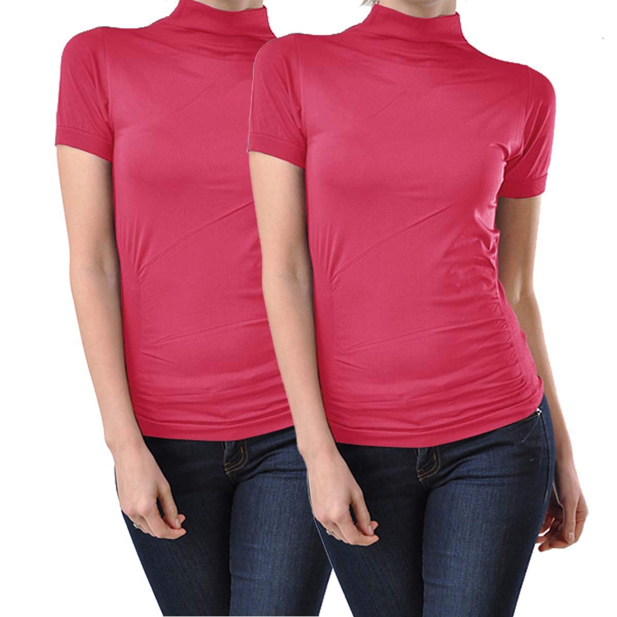 Kuda Moda 2 Pack Women Seamless Short Sleeve Mock Neck Turtleneck Blouse Top Tee Shirts