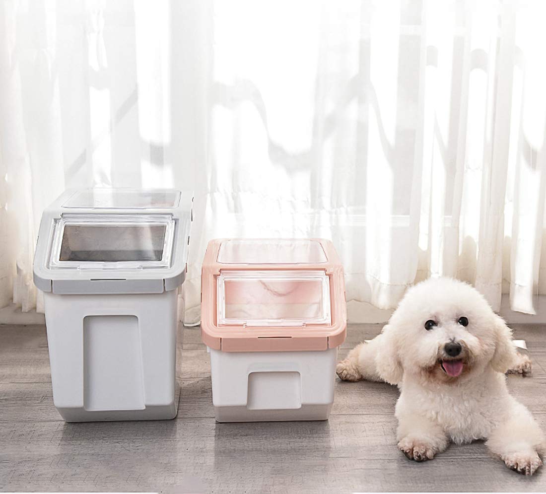 Contenedor de almacenamiento de alimentos de plástico de 10 kg con tapa y ruedas, organizador grande hermético para mascotas y cocina para perros y gatos, harina, cereales, incluye taza
