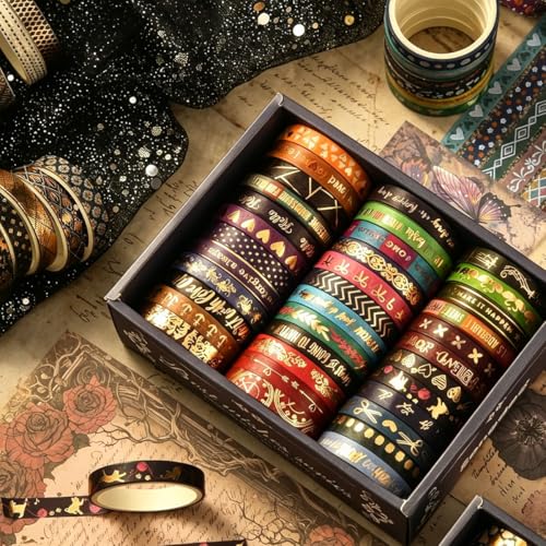 Image of HASTHIP 36 Rolls Washi Tape Set with Gold Foil, Vintage Floral Celestial Geometric Decorative Masking Tape for Scrapbooking Journaling Planner DIY Crafts, 0.7cm x 6.6ft Each