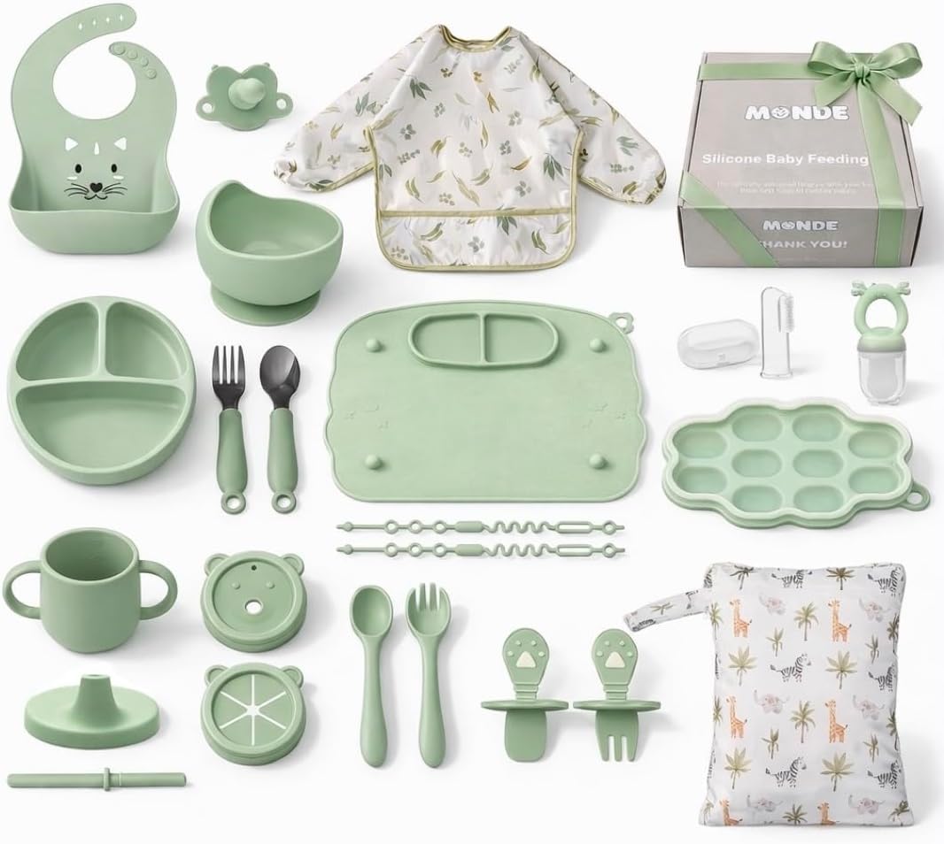 MONDE 25PCS Ultimate Silicone Baby Feeding Set, Complete Mealtime Baby-Led Weaning Essentials From Infant To Toddler, Bib, Smock, Sippy Cup, Dry Wet Bag, Placemat, Perfect Premium Gift Set (Green)