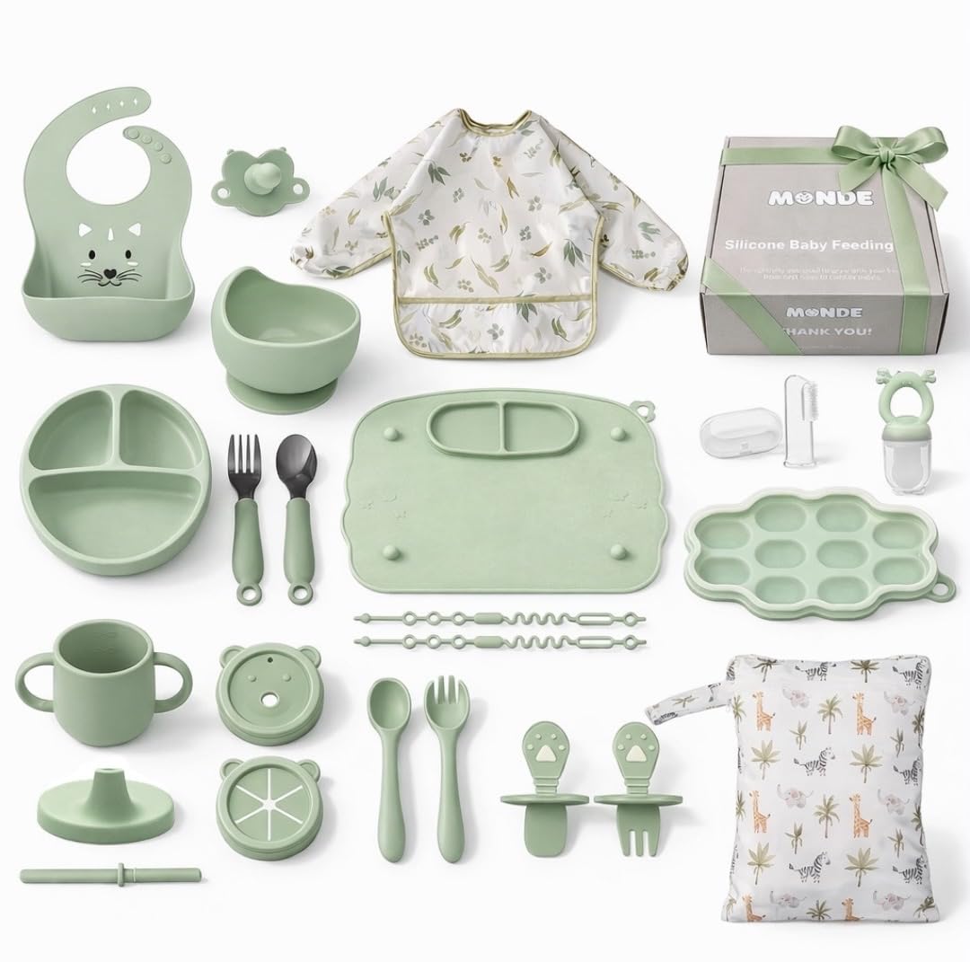 MONDE 25PCS Ultimate Silicone Baby Feeding Set, Complete Mealtime Baby-Led Weaning Essentials From Infant To Toddler, Bib, Smock, Sippy Cup, Dry Wet Bag, Placemat, Perfect Premium Gift Set (Green)