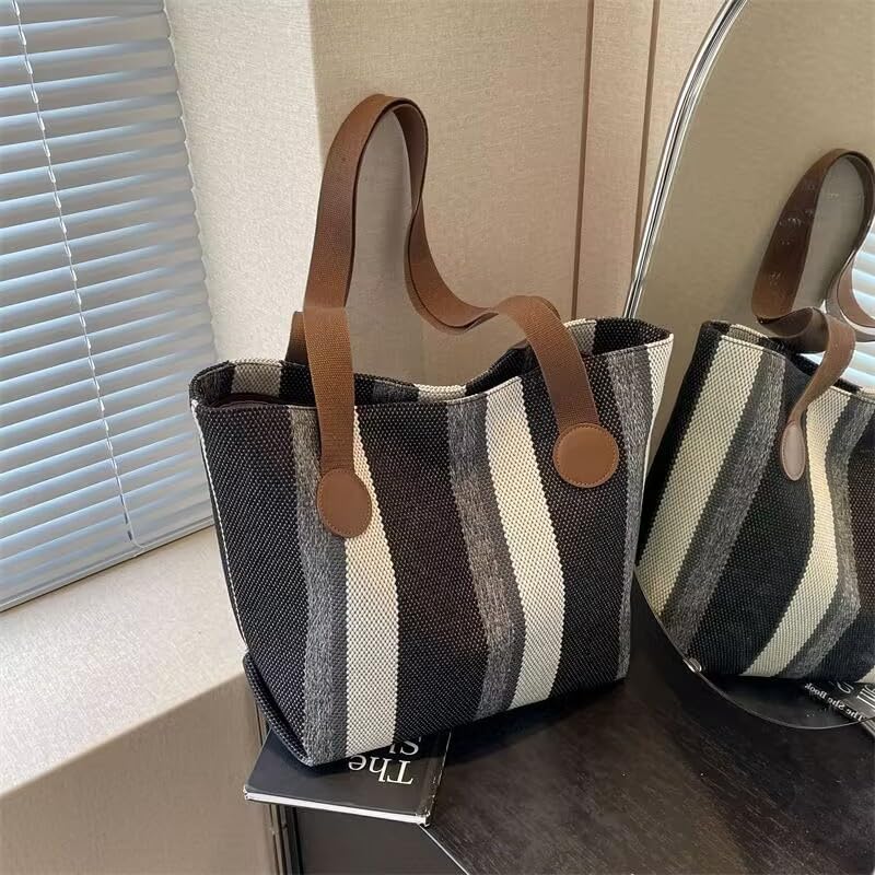 Bolso tote grande de lona a rayas para mujer miniatura 3