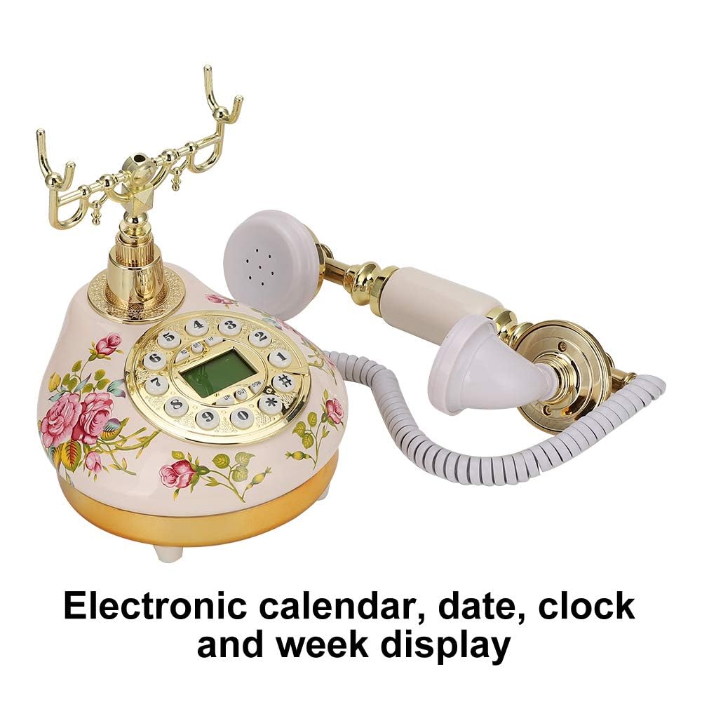 Antikes Festnetztelefon im europäischen Stil für Privathaushalte, Vintage Retro Multifunktions-Telefon aus rosa Keramik mit runder Basis für die Dekoration, Anrufer-ID