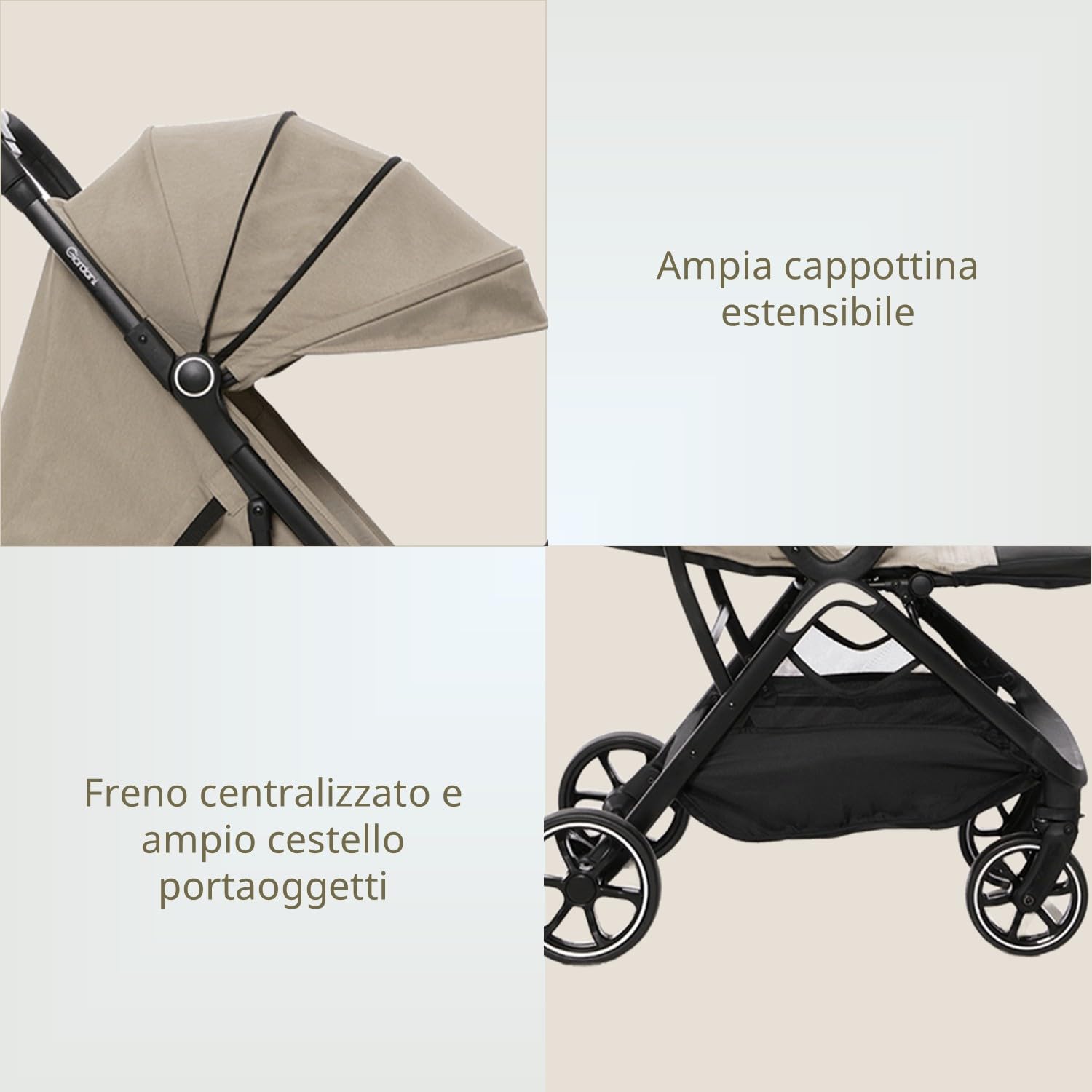Giordani G-Touch Passeggino Leggero 6.9 kg, Chiusura Automatica One-Touch, da 0 Mesi a 22 kg,Seduta Imbottita, Ruote con Sospensioni e Dettagli in Ecopelle, Compatto e Salvaspazio, Beige