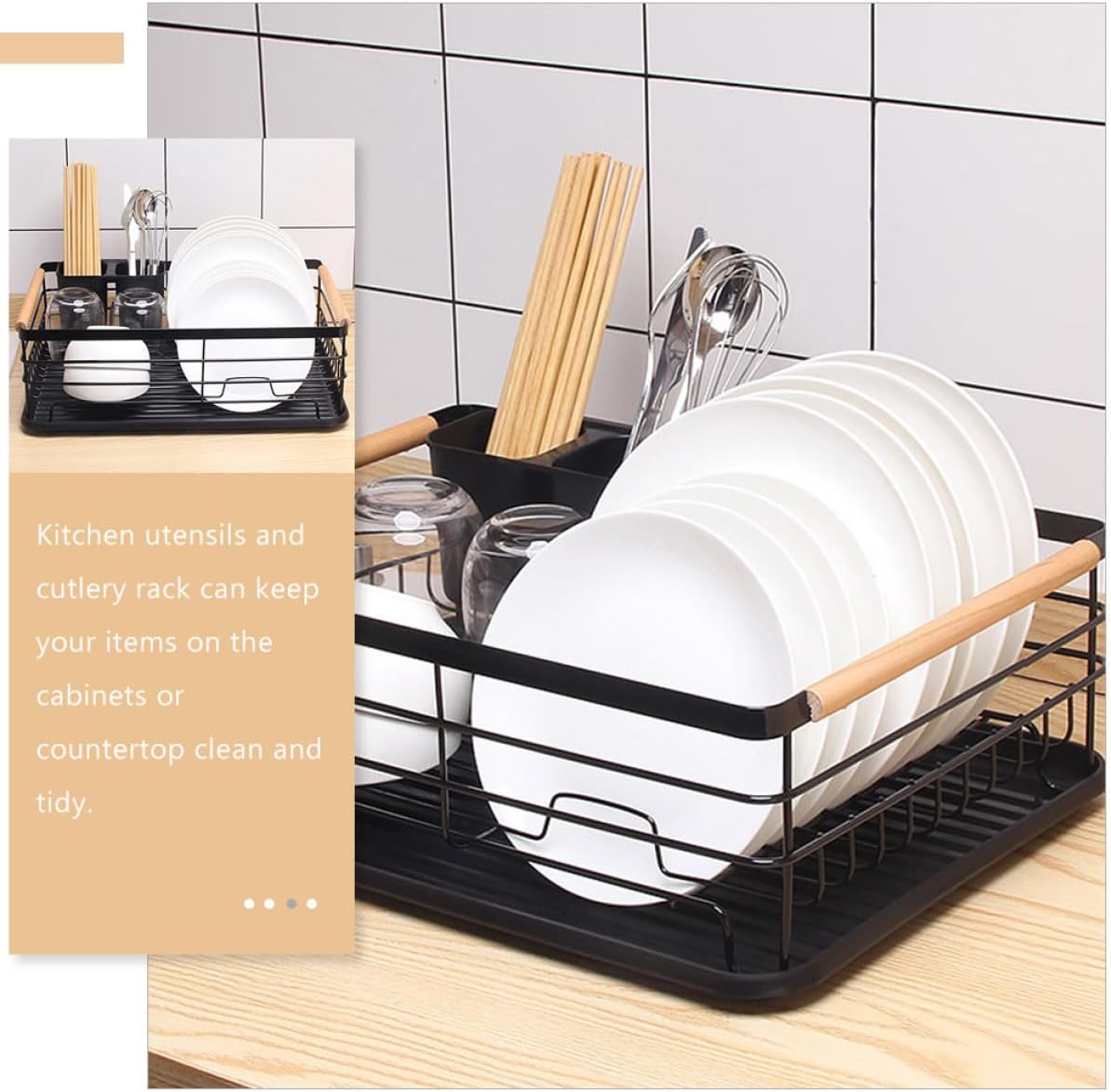 Kitchen Countertop Dish Rack and Bowl Organizer, Black Iron Drying Rack with Cutlery Holder, Compact Kitchen Sink Drainer for Home Dish and Utensil Storage